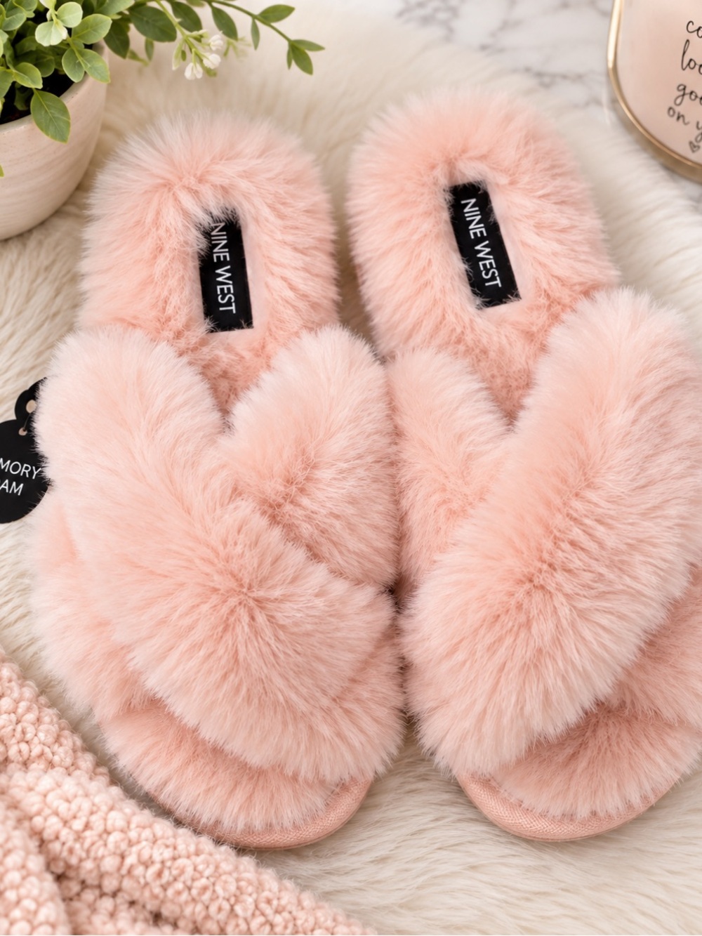 Nine West Soft Blush Faux Fur Cross-Band Slide Slippers